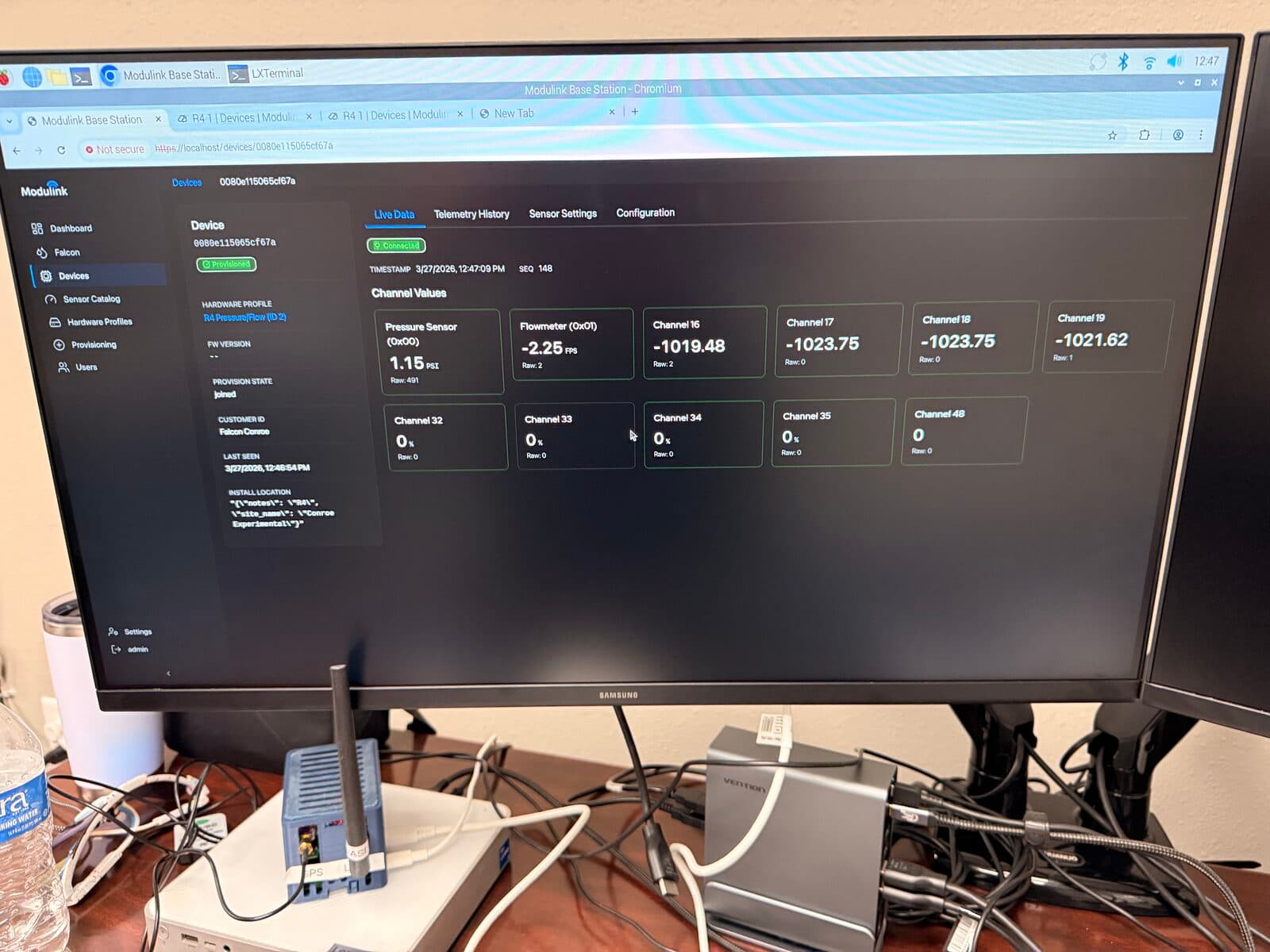 Modulink dashboard running live at Falcon Water Tech pilot site, showing real-time pressure and flow telemetry from RO membrane cleaning skids