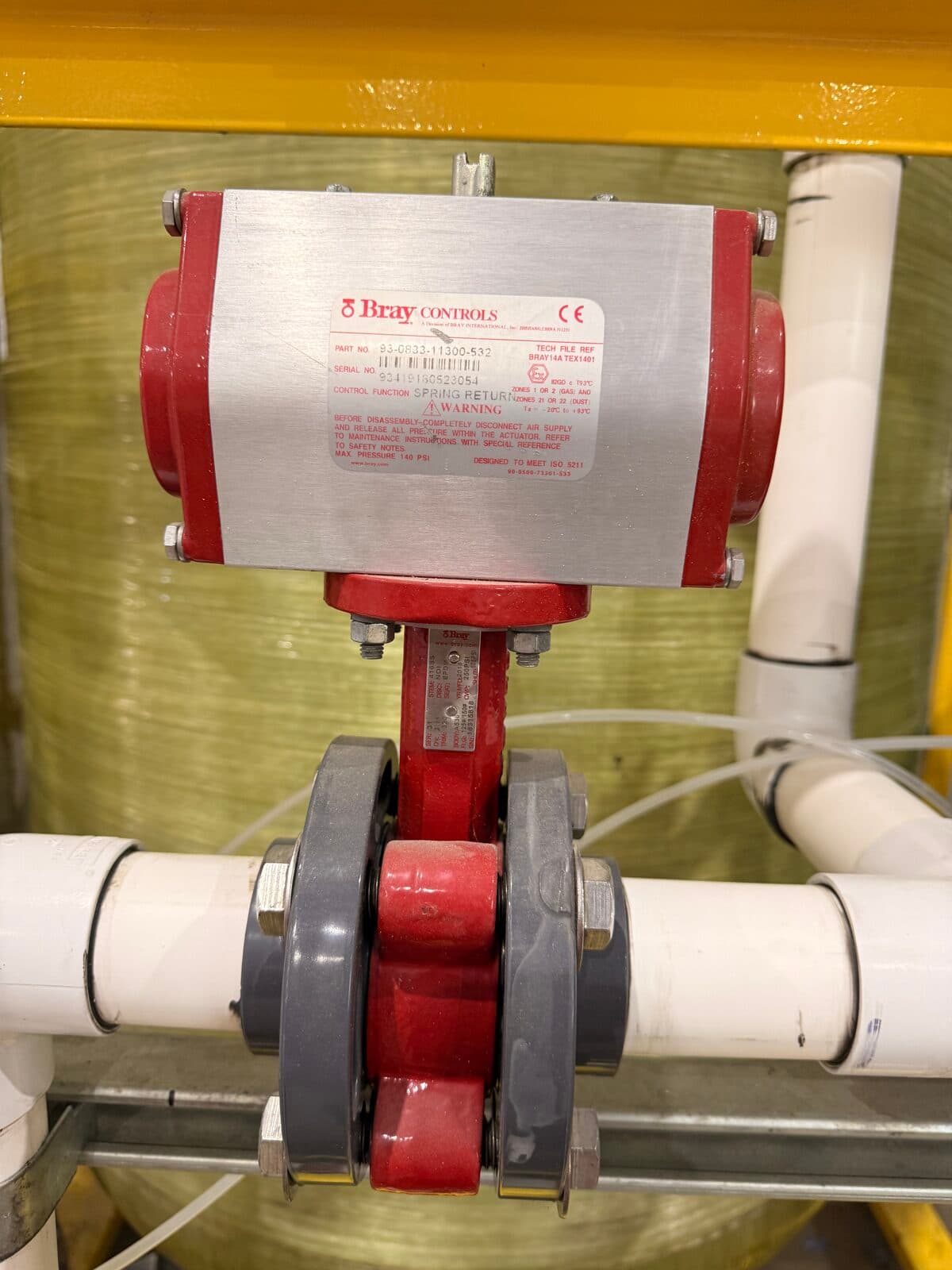 Bray Controls butterfly valve actuator on water treatment piping