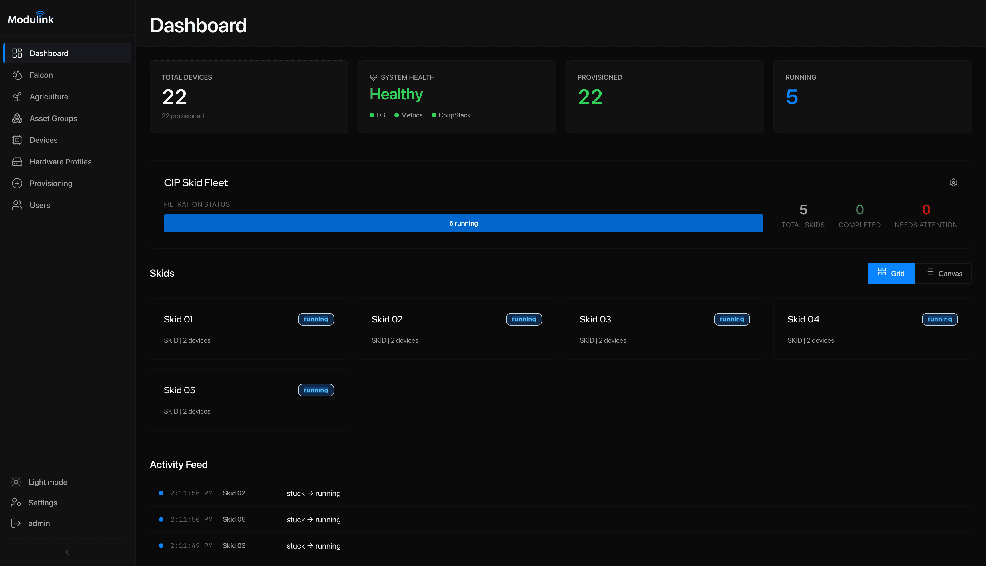 Modulink dashboard showing CIP Skid Fleet with running status